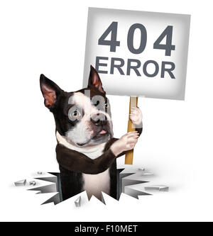 Fehler 404-Seite nicht gefunden Konzept und eine gebrochene oder Toten Link-Symbol als ein Hund aus ein Loch mit einem Schild mit Text für das Brechen der Netzwerkverbindung führen Internet Suche Problemen. Stockfoto