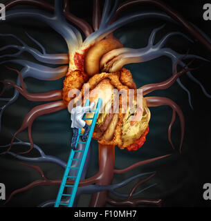 Hoher Cholesterinspiegel Behandlung und medizinische Therapie als Arzt auf einer Leiter Reinigung ein Problem Herz gemacht fettiges Fastfood oder ein Chirurg entfernen Fett Aufbau in einem verstopften menschliche Organ als Symbol für Gesundheit Behandlung von Atherosklerose. Stockfoto