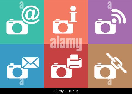 Web-Kamera-Icons set. Senden, drucken, Bild-Symbole-Vektor-Illustration zu verknüpfen. Stock Vektor