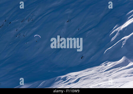 Ein Gleitschirm fliegt hoch oben in den schneebedeckten Bergen über ein Schneefeld in Belalp/Blatten, Schweiz (Kanton Wallis). Stockfoto