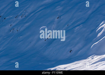 Ein Gleitschirm fliegt hoch oben in den schneebedeckten Bergen über ein Schneefeld in Belalp/Blatten, Schweiz (Kanton Wallis). Stockfoto