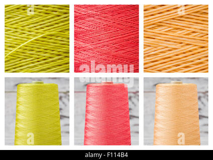 Collage aus Spulen und Nahaufnahmen von synthetischen bunten Fäden Stockfoto