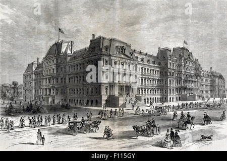 Antiken 1872 Gravur von Harper's wöchentlich, der neue Staat, Krieg und Marine Building in Washington, D.C., aus dem Architekten Zeichnungen. Die Eisenhower Executive Office Building (EEOB)-früher bekannt als die alte Executive Office Building (OEOB) und sogar noch früher als der Staat, Krieg und Marine Building – ist ein US-Regierungsgebäude gerade westlich von dem weißen Haus in der US-Hauptstadt Washington, d.c. Stockfoto