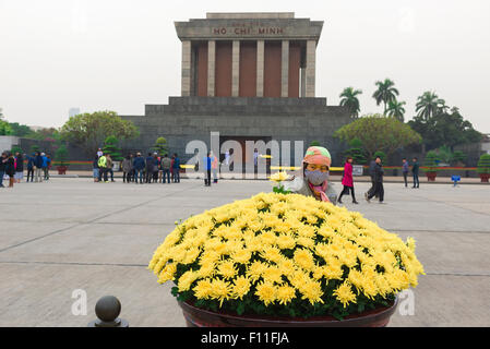 Ho Chi Minh Mausoleum, Pflanzen ein jungen vietnamesischen Arbeiter die letzten Blüte in eine große Blütenpracht auf dem Gelände des Ho-Chi-Minh-Mausoleum in Hanoi. Stockfoto