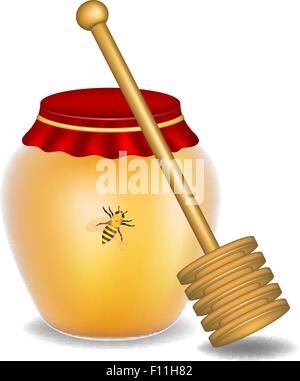 Süßer Honig, Honigbiene und hölzernen Honig dipper Stock Vektor