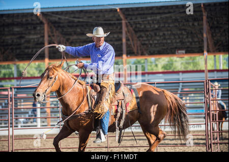 Ältere kaukasischen Cowboy Lasso werfen, beim rodeo Stockfoto