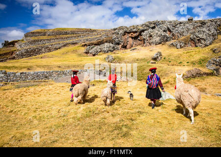 Hispanische Mutter und Kinder zu Fuß Lamas in ländlichen Landschaft Stockfoto
