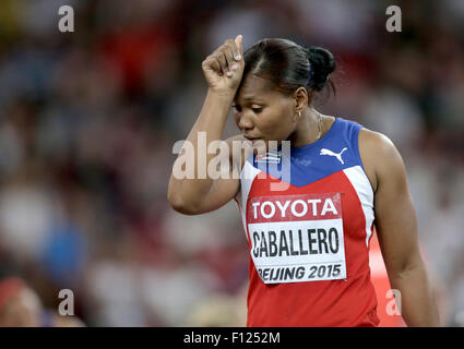 Peking, China. 25. August 2015. Denia Caballero von Kuba reagiert während der Frauen Diskus-Finale von Peking 2015 IAAF World Championships im National Stadium, auch bekannt als Vogelnest, in Peking, China, 25. August 2015. Bildnachweis: Dpa picture Alliance/Alamy Live News Stockfoto