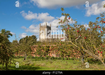 Str. Peters Kirche, betrachtet aus dem ummauerten Garten am Coughton Gericht, Alcester, Warwickshire, England, Großbritannien, UK. Stockfoto