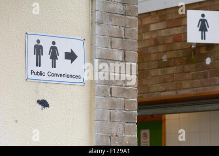 Public Convenience Schild mit männlichen und weiblichen Symbolen und Richtungspfeil in Totnes, Devon, England Stockfoto