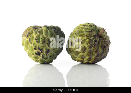 Zwei Reife Custard Apple auf weißem Hintergrund Aufnahme im Studio. Stockfoto