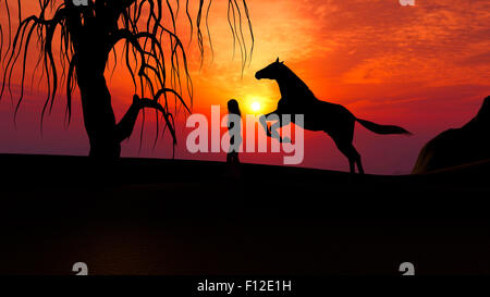 Abbildung eines Pferdes unter Sonnenuntergang in der Wüste mit Frauen-silhouette Stockfoto