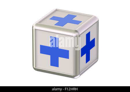 Cube mit blauen kreuzen isoliert auf weißem Hintergrund Stockfoto