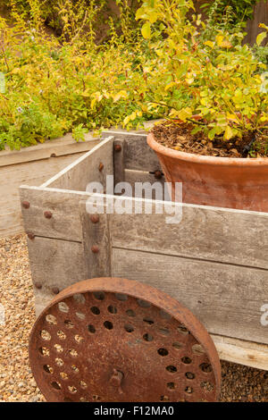 rustikale Einrichtung, eine alte Schubkarre, Roblar Weingut, Santa Ynez, Kalifornien Stockfoto