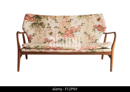 Holzsofa gepolstert in floral Stoff gedruckt, Vintage-Stil Stockfoto