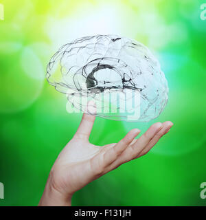 Doktor der Medizin Hand zeigt 3d Glas menschliche Gehirn auf Natur Hintergrund als Konzept Stockfoto