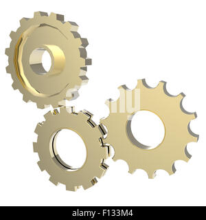 3D gold Zahnrad-Getriebe auf weißem Hintergrund Stockfoto