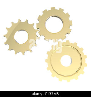 3D gold Zahnrad-Getriebe auf weißem Hintergrund Stockfoto