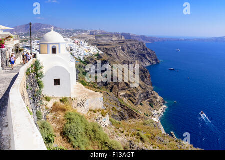 Panoramablick auf die Caldera Firostefani, Santorin, Kykladen, Griechenland Stockfoto