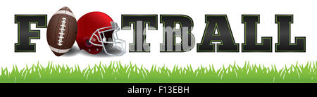 Das Wort Fußball in Buchstaben, ein Fußball und Helm Illustration geschrieben. Stockfoto