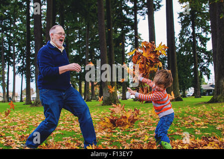 Junge Blätter nach seinem Großvater zu werfen Stockfoto