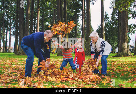 Mädchen und Jungen mit ihren Großeltern, spielen mit Herbstlaub Stockfoto