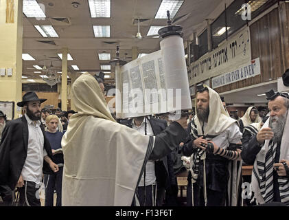 Tora-Rolle wird ausgelöst, nachdem eine Lesung am Wochentag Morgen Dienstleistungen auf eine Synagoge in Brooklyn, New York. Stockfoto