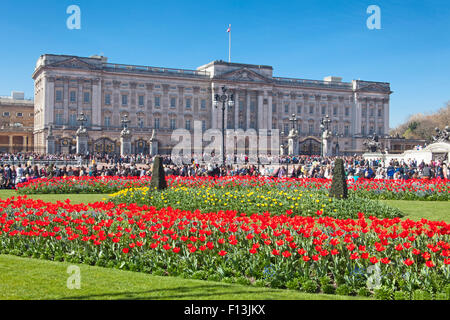 Frühlings Blütenpracht im Garten der Königin an der Spitze der Mall. Buckingham Palace im Hintergrund Stockfoto