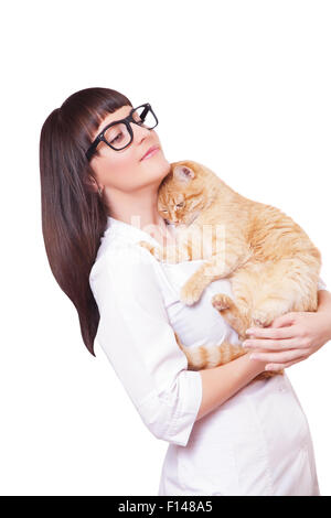 Porträt einer schönen Frau halten rote Katze Stockfoto