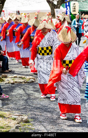 Japan, Tsuyama. Frühling Cherry Blossom Festival in Kakuzan Park Line von Frauen in der Tradition yukata Jacken tragen und Strohhüte, tanzen. Stockfoto