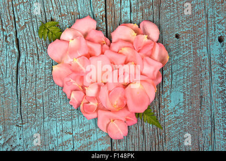 Rosa rose Blumenblätter mit Farn Blatt in Form eines Herzens auf Türkis lackiertem rustikale Scheune Holz. Stockfoto