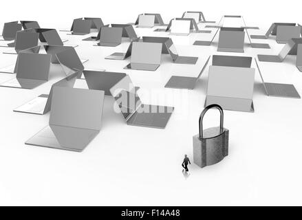 Geschäftsmann, Blick auf 3d Laptop-Computer mit Vorhängeschloss als Internet Security-Online-Business-Konzept Stockfoto