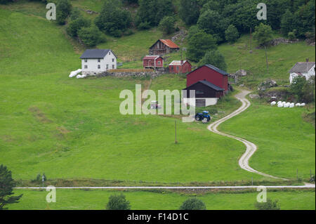 Norwegischen Höfen und Gebäuden an ten Ufern des Sogne Fjord, Skjolden, Norwegen. Stockfoto