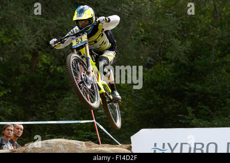 Val Di Sole, Italien - 22. August 2015: Gt Factory Racing Team, Fahrer Vernon Taylor in Aktion während der Mens Elite Downhill letzten WM bei der Uci Mountain Bike im Val di Sole, Trento, Italien Stockfoto