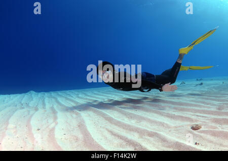 Rotes Meer, Ägypten. 15. Oktober 2014. Freediver schwimmt über sandigem Untergrund, Rotes Meer, Ägypten © Andrey Nekrassow/ZUMA Wire/ZUMAPRESS.com/Alamy Live-Nachrichten Stockfoto