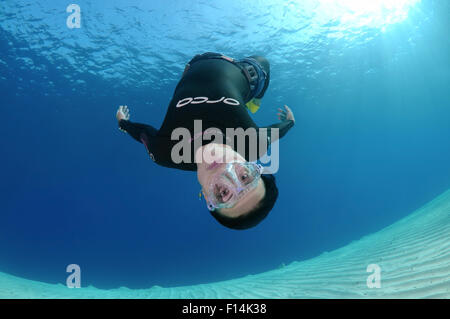 Rotes Meer, Ägypten. 15. Oktober 2014. Freediver schwimmt über sandigem Untergrund, Rotes Meer, Ägypten © Andrey Nekrassow/ZUMA Wire/ZUMAPRESS.com/Alamy Live-Nachrichten Stockfoto