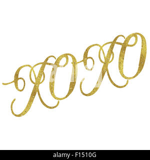 XOXO Liebe Gold Faux Folie Metallic Glitter inspirierende Umarmungen und Küsse Zitat Isolated on White Background Stockfoto