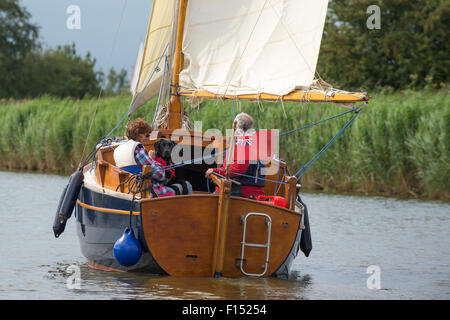 Segelboot auf den Norfolk Broads mit einem Labrador Hund als Passagier. Stockfoto