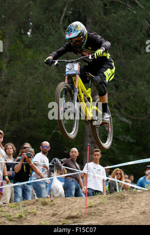 Val Di Sole, Italien - 22. August 2015: Gannicott George in Aktion während der Mens Elite Downhill letzten WM Stockfoto