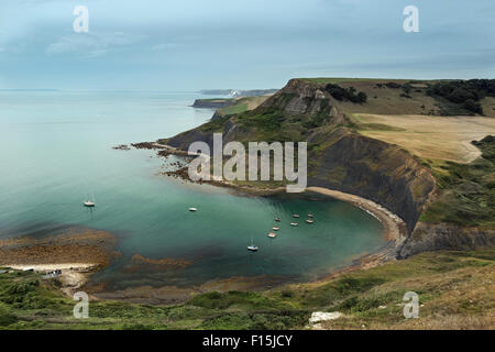 Chapmans Pool Verankerung von der South West Coast Path Blick in Richtung Weymouth Teil der Jurassic Coast betrachtet. Stockfoto