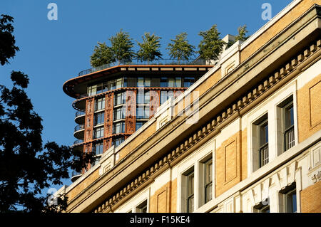 Fassade des Architectural Institute of BC Gebäude im Chicago Stil mit Woodwards Gebäude im Hintergrund, Vancouver, BC, Kanada Stockfoto