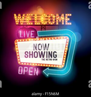 Retro-Showtime Sign. Theater Kino Schilder Schild mit leuchtenden Neon. Vektor-Illustration. Stock Vektor