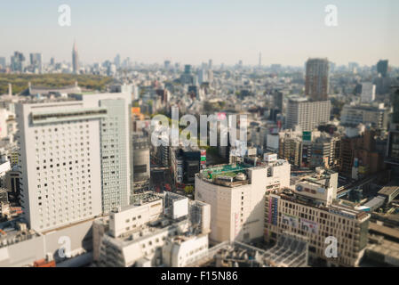 Erhöhte Ansicht von Tokio mit Fußballplatz auf Gebäude, gesehen von Cerulean Tower Hotel in Shibuya, Tokyo, Japan Stockfoto