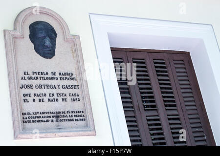 Madrid Spanien, Hispanic Centro, Paseo del Prado, Geburtshaus, Plakette, Jose Ortega y Gasset, Philosoph, Spanien150629042 Stockfoto