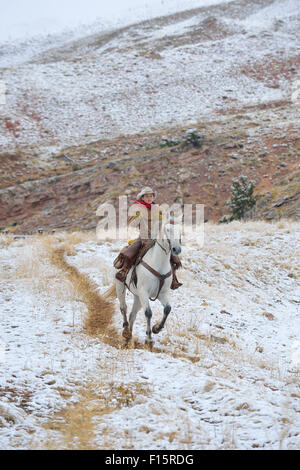 Junge Cowboy Reiten Pferd in der Wildnis im Schnee, Rocky Mountains, Wyoming, USA Stockfoto