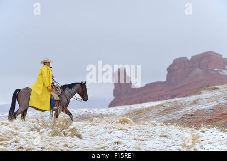 Cowboy Reiten im Schnee, Rocky Mountains, Wyoming, USA Stockfoto