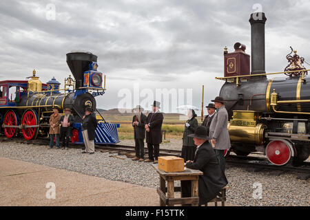 Promontory Summit, Utah - Golden Spike National Historical Park, wo die erste transkontinentale Eisenbahn im Jahr 1869 fertiggestellt wurde. Stockfoto