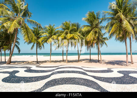 Palmen Sie und dem berühmten Copacabana Strand Mosaik Bürgersteig in Rio De Janeiro, Brasilien. Stockfoto