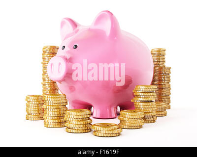 Goldmünzen und Sparschwein isoliert auf weißem Hintergrund. Stockfoto