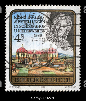 Briefmarke gedruckt in Österreich, gewidmet dem Prinzen Eugen Ausstellung, Schlosshof und Niederweiden, ca. 1986 Stockfoto